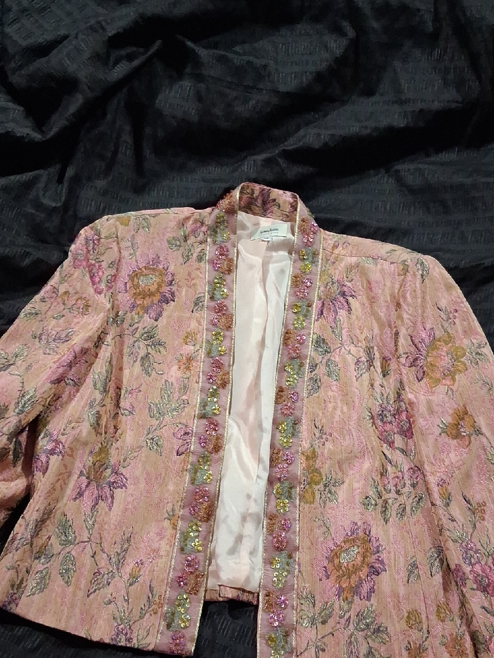Neiman Marcus /Open. Beaded. Pink Shimmery.Floral.Brocade Blazer Jacket size 12